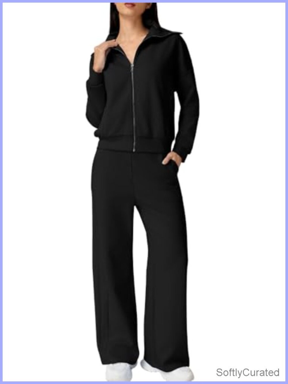 Cotton 2 Piece Outfits Lapel Long Sleeve Zip Up Sweatshirt Wide Leg Pants